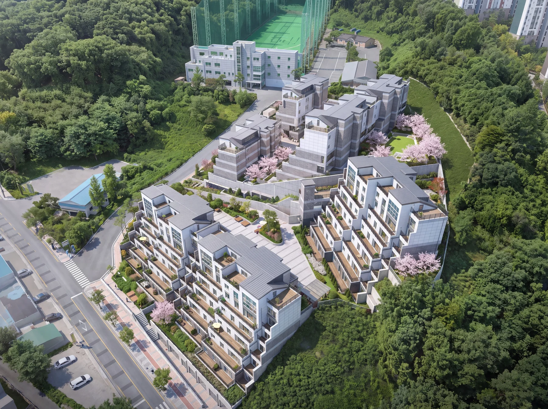 광주 월드메르디앙 라테라스 전경 — 계단식으로 물러나는 저층 테라스하우스 건물군을 상공에서 바라본 모습